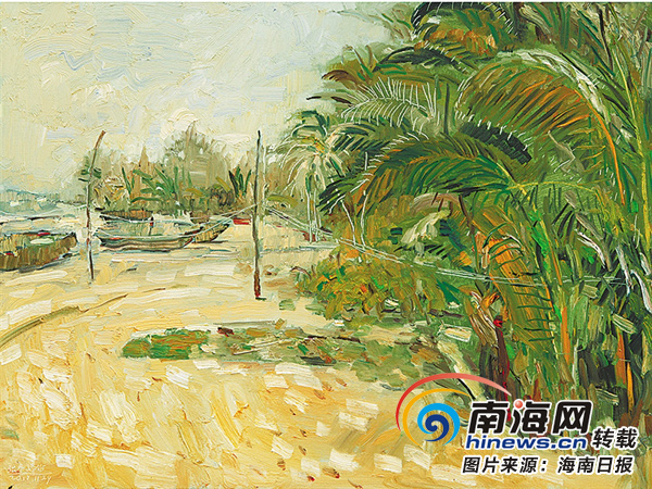  《水鸟的天空》(油画)王锐(海南) 家乡也有诗与远方 “一只水鸟的神态/来自于远方和水中的木桩/流云飞渡的湖面/将在一只飞翔的水鸟中/展示它形式之外的美