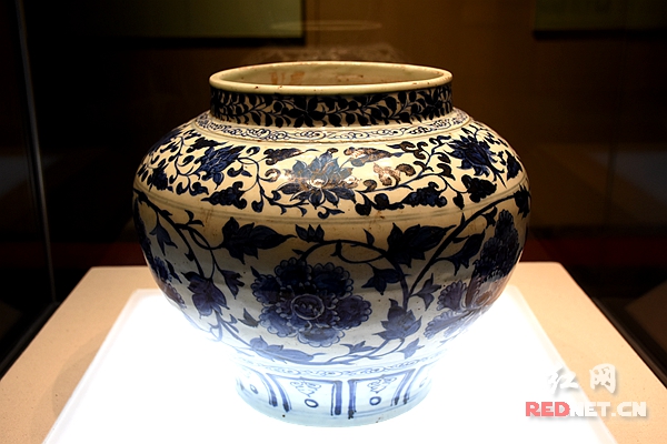 湘潭市博物馆镇馆之宝：元末缠枝牡丹纹青花瓷罐