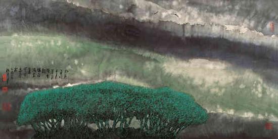 周韶华,《楚天听雨》,纸本水墨,68cm×136cm,2005