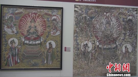 展览展出的稷山青龙寺壁画的前后对比图。　王惠琳 摄